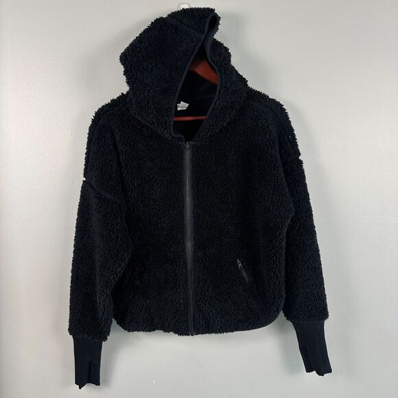 Athleta Womens Cozy Sherpa Size Medium Full Zip Jacket Black Warm Winter Modal - Picture 1 of 3